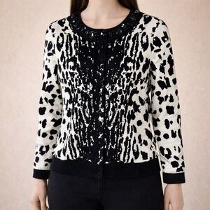 Per Se Women’s Black and White V-Neck Button Up 3/4 Sleeve Cardigan Sweater XS
